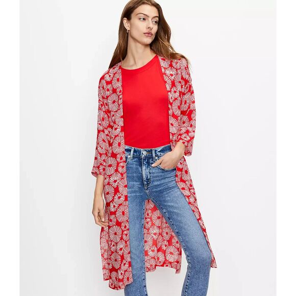 LOFT Womens Duster Open Front Size‎ XS/S Red Firework Lightweight - Picture 1 of 10